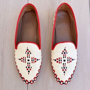 Tory Burch Marlow Leather Embroidered Loafer in CREAM Sz 6.5 Moccasin Slip-ons